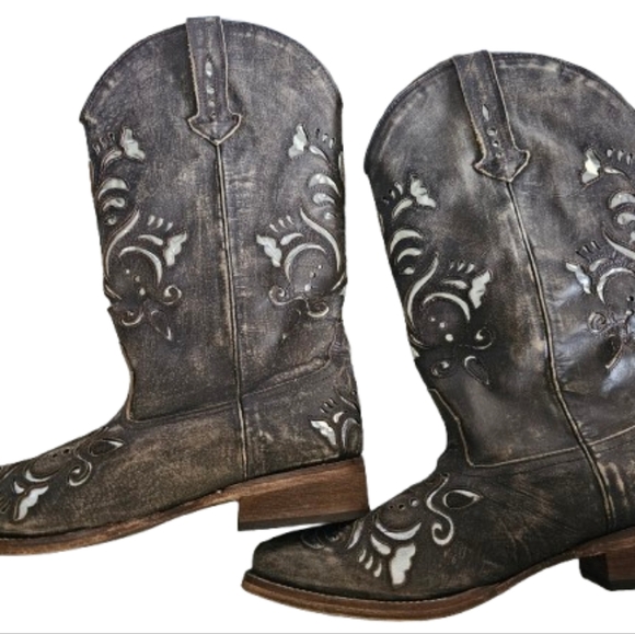 Roper 10.5 Metallic Underlay Boots EUC Tan Silver Cowgirl Like New - Picture 3 of 12